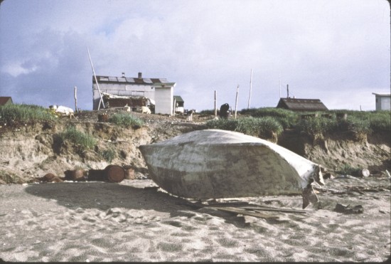 (13 & 14) Umiak on north side of island, the west end of town. The skin boat may belong to Weyiouanna or Kiyutelluk. The high ground and two story home belonged to Charlie Weyiouanna and the building with the smaller roof showing belonged to Alfred Kiyutelluk. Both structures are gone and the sea wall is right about where the homes were.