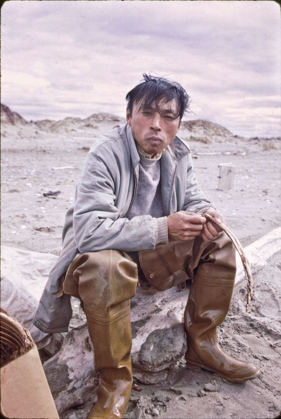 Morris Moe Kiyutelluk sitting on a drift log, snacking on dried caribou or dried reindeer. He is known as the walking, talking historian for Shishmaref.