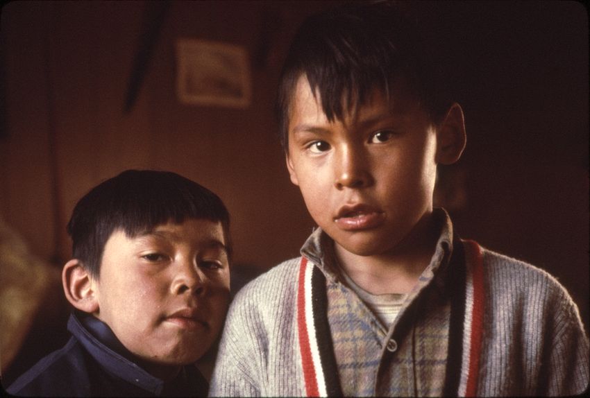 Stanley Tocktoo (left) and  Josh Okpowruk. Stanley is now a native and cultural teacher at Shishmaref high school. He also serves in the governmental functions of Shishmaref.